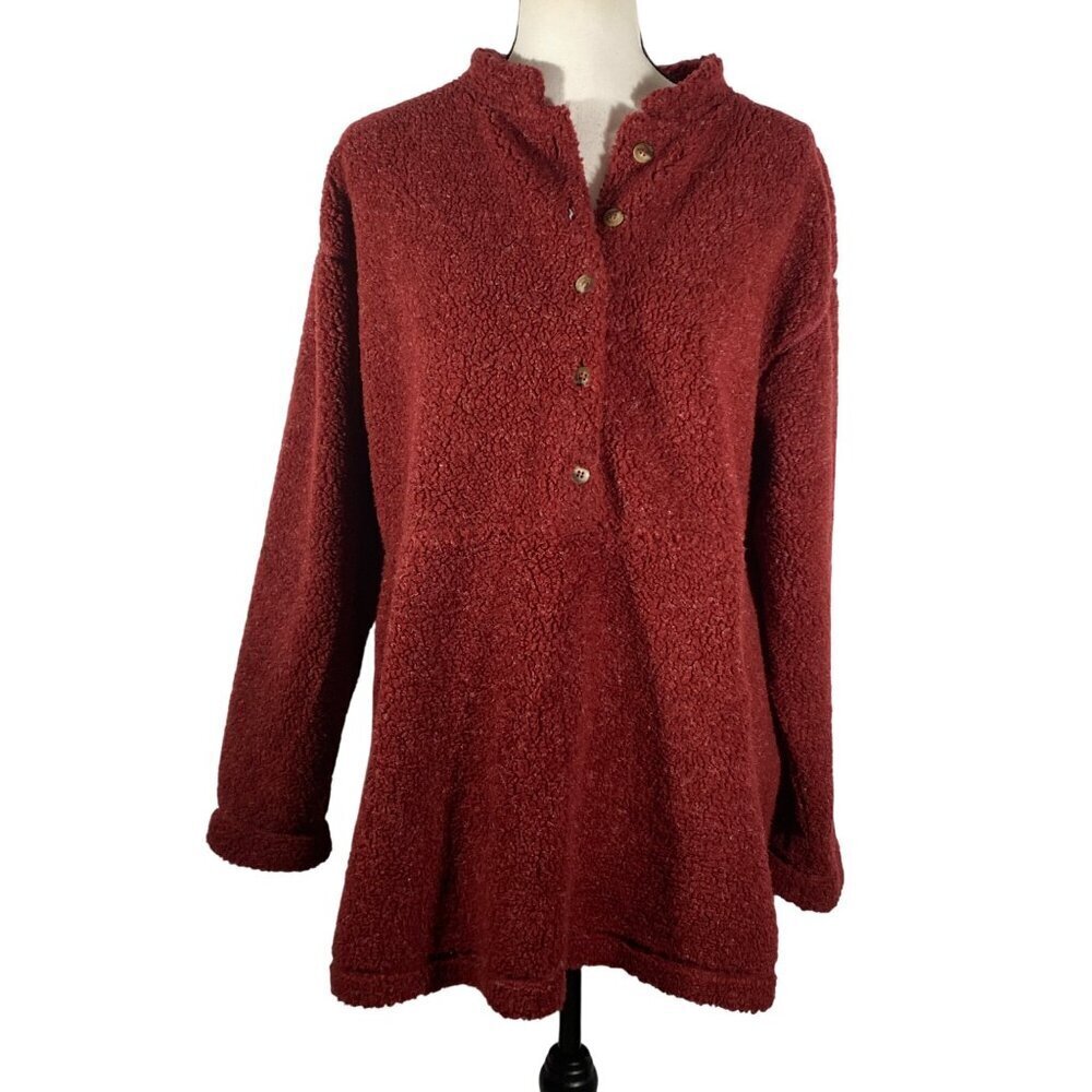 L.L.Bean Womens Red wine Henley Button-Up Sherpa Fleece Pullover Sweatshirt L